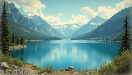 Mountain lake reflecting blue sky and surrounding peaks
