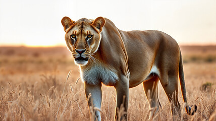 Obraz premium Lioness walking in tall grass at sunset