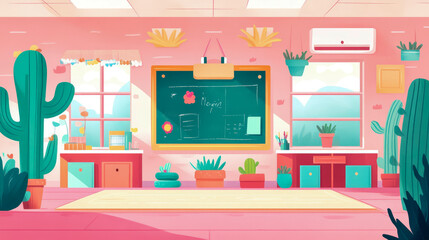 Charming Pink Classroom with Blackboard and Plants: A Delightful Learning Space Illustration