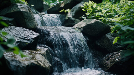A serene waterfall cascading down smooth rocks, surrounded by lush greenery, creating a peaceful natural landscape perfect for outdoor or environmental themes.
