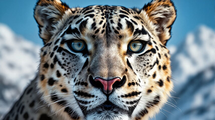 Fototapeta premium Leopard with striking blue eyes against snowy mountains