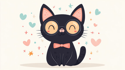 Adorable Black Cat with Glasses and Bow Tie: Cute Pet Illustration