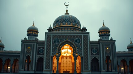 Fototapeta premium luxury Islamic mandala in sharp focus, positioned against a softly blurred bokeh background. The cinematic