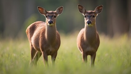 Fototapeta premium A small brown deer stands in a green meadow, gazing curiously with big eyes. Its warm brown coat and emerging antlers shine in the bright sunlight, surrounded by tall, lush grass. 
