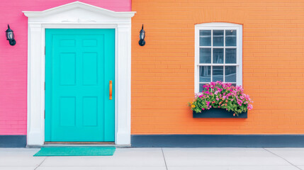 Fototapeta premium Bright teal door and orange brick building facade with flowers