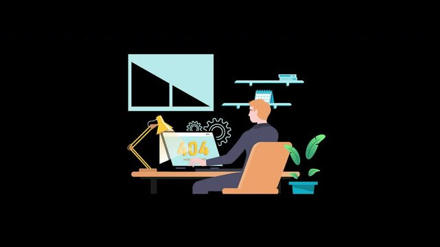 A man working at a desk with a 404 error on the computer screen in a modern, animated environment.