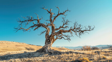 Fototapeta premium Majestic Ancient Twisted Tree Standing Alone in Serene Landscape Under Clear Sky