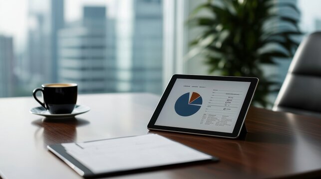 Modern office desk with tablet showing financial data and a cup of coffee