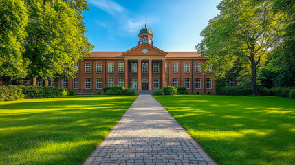 Obraz premium Grand Brick Building on a Sunny Day: A Picturesque Scene of Architecture and Lush Greenery
