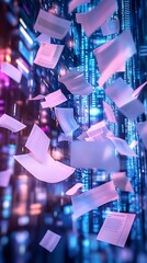 Cyberpunk Data Stream: Sheets of data and documents fly through a futuristic cityscape, illuminated by vibrant neon lights.  A dynamic, abstract representation of digital information flow. 