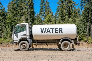 Rural water tanker truck parked on a dirt road surrounded by lush forest