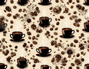 Seamless Pattern: Steaming Coffee Cups and Roasted Beans