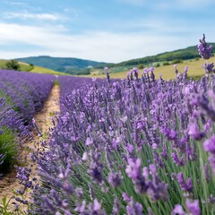 Naklejka premium A vibrant field of lavender in full bloom, with rolling hills and a bright sunny sky in the background. 