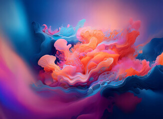 Obraz premium Abstract image featuring vibrant, swirling colors in shades of pink, orange, and blue against a blurred background. The forms resemble clouds or smoke, creating a dynamic and ethereal scene.