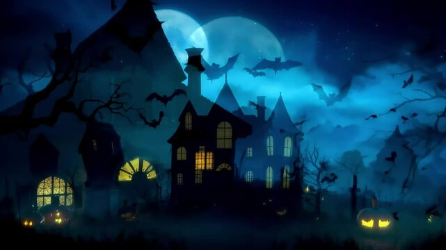 Spooky Halloween scene with a haunted house, bats, and glowing pumpkins.