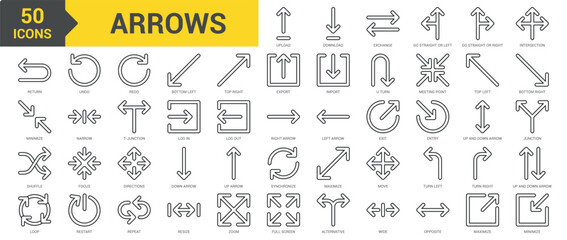 Arrows icon collection set. Containing turn left, turn right, up and down arrow, restart, resize, zoom, full screen, alternative, return, directions, arrow, maximize, minimize icon. Simple line vector