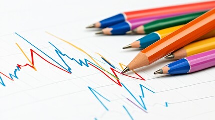 Obraz premium Colorful pencils arranged over a graph, illustrating data analysis and creativity.
