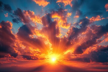 Fototapeta premium Stunning sunset displays radiant orange and gold hues over a serene landscape with clouds scattering light at dusk