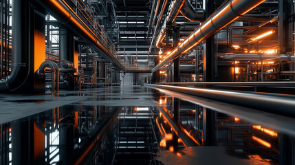 Fototapeta premium Futuristic Industrial Interior with Reflective Surfaces, Steel Pipes, and Warm Lighting 