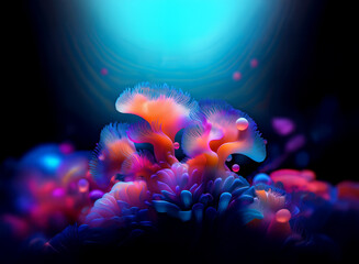 Fototapeta premium Vibrant, bioluminescent flora glows against a dark background. Intricate details and glowing bubbles add to the ethereal underwater scene.