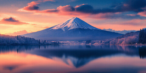 Snow-Covered Mountain Under Cloudy Sky Background Design