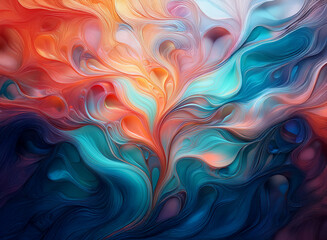 Obraz premium Abstract swirling artwork with vibrant colors and fluid forms. The background features a blend of deep blues, oranges, and pinks creating a dynamic, almost ethereal feel.