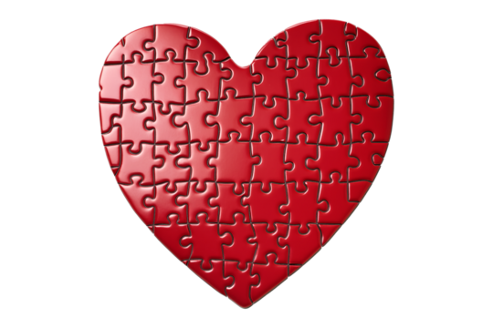 Heart shaped puzzle formed by red pieces in glossy style isolated on white transparent background