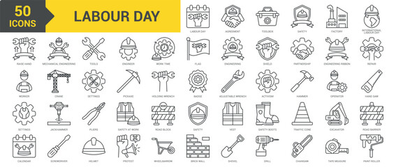 Labor Day icon collection set. Containing engineer, operator, agreement, toolbox, safety, factory, worker, mechanical engineering, safety, helmet, engineering, tools icon. Simple line vector