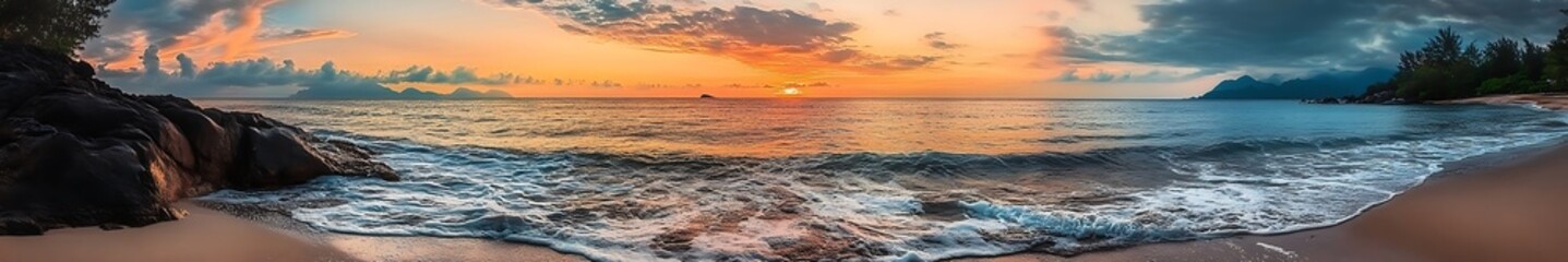 Fototapeta premium Beautiful sunset over the beach with waves crashing on the shore, showcasing amazing details and high-definition quality, perfect composition, and masterful photography skills.