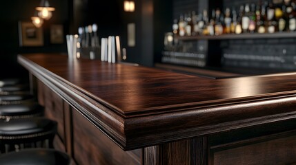 Front view of brown wooden counter with sharp surface details and blurred dark counter bar background, perfect for capturing the rustic elegance of classic liquor setting