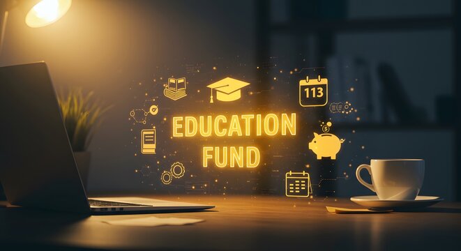 Education funding interface with modern virtual display showcasing planning, savings, and financial aid options for academic growth in innovative financial technology style