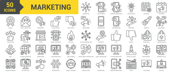 Marketing icon collection set. Containing social media, content marketing, badge, reputation, deal, email marketing, promotion, good review, bad review, advertising, influence icon. Simple line vector