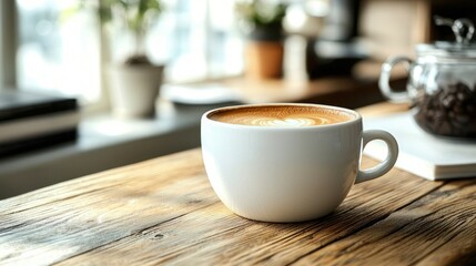 Fototapeta premium Warm Cappuccino on Rustic Wooden Table in Coffee Shop