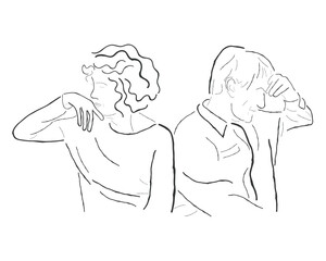 hand drawn line art vector of an elderly couple in distress. Marital Issues concept.