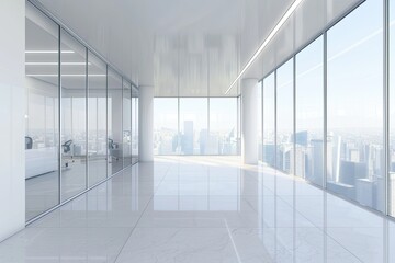 Flawless Picture of White Office Room Interior with Glass Wall and City View