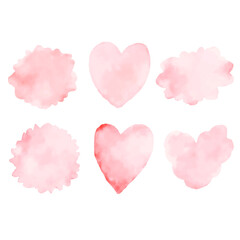A set of six delicate watercolor shapes in various shades of pink, including hearts and abstract floral or cloud-like forms.