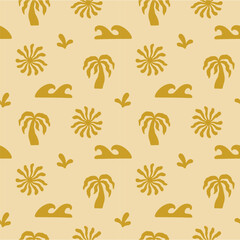 Boho Organic Summer Pattern. Abstract Beach Hand Drawn Background. Boho Sun And Palm Print. Vector Illustration Cutout Naive Style. Ocean Coral Sun Seamless Pattern for Textile. Modern Groovy Bg.