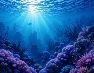 Fototapeta premium Stunning Underwater Coral Reef Scene: Vibrant Marine Life and Sunbeams