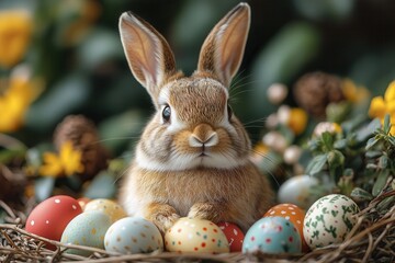 Cute rabbit among colorful Easter eggs and spring flowers in a bright, cheerful garden setting