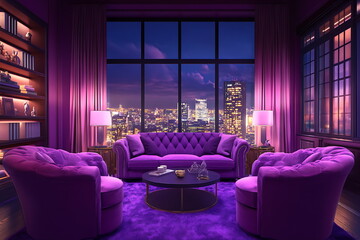 Luxurious purple living room interior with velvet sofa, artwork, and stylish coffee table.
