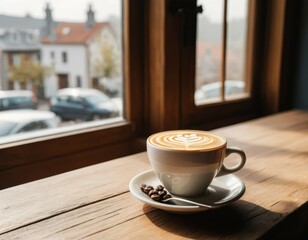 Fototapeta premium Sunlight Streams Through Window onto Latte Art in Cozy Coffee Shop