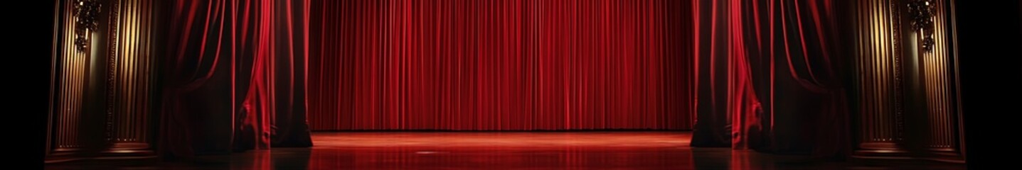 Stunning red stage curtains with perfect symmetry and intricate details, showcasing HD quality cinematography and masterful composition in a theatrical setting.