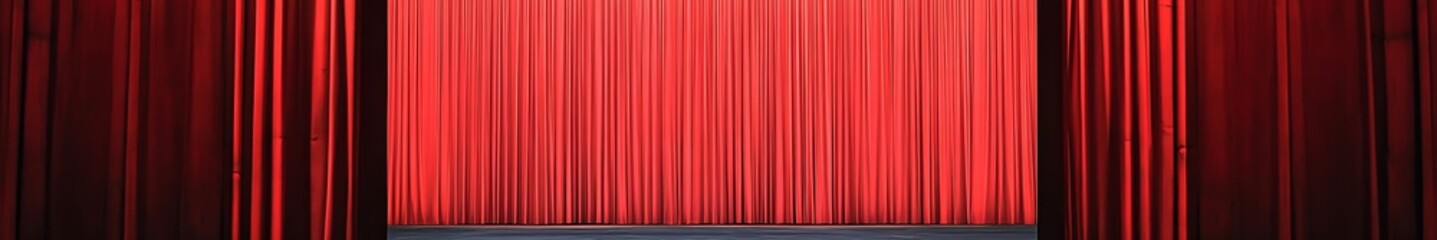 Stunning red stage curtains with perfect symmetry and intricate details, showcasing HD quality cinematography and masterful composition in a theatrical setting.