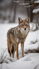 Naklejka premium A grey wolf, a wild canine predator with gray fur, traverses a snowy winter landscape
