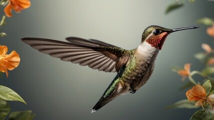 Fototapeta premium A ruby-throated hummingbird, a small avian creature, hovers in flight, its wings a blur as it feeds on a vibrant flower, showcasing wild nature