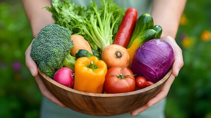 Fototapeta premium Hands holding vegetables in wooden bowl. Suitable for healthy food, farming, cooking, nutrition concepts or vegetarian lifestyle content.