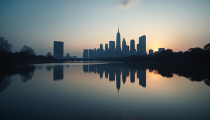 Fototapeta premium Cityscape Reflection at Sunset with Vibrant Colors and Modern Architecture