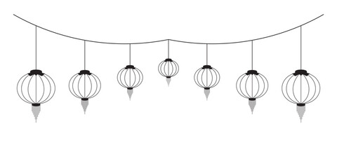 Paper lanterns hanging on string black and white. Lunar new year decoration. Lanterns festival. Chinese ornaments on transparent background