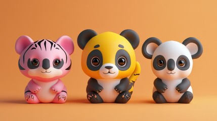 Obraz premium Three adorable cartoon animal figures a pink tiger and two pandas on orange backdrop