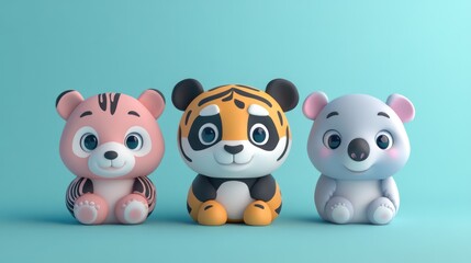 Naklejka premium Three Cute Animal Figurines: Bear, Tiger, Koala on a Light Blue Background